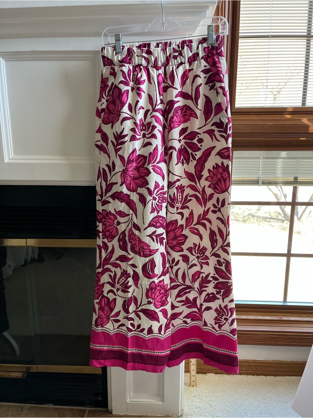 Ann Taylor Linen Floral Easy Fit Wide-Leg Pant in Cream and Bougainvillea